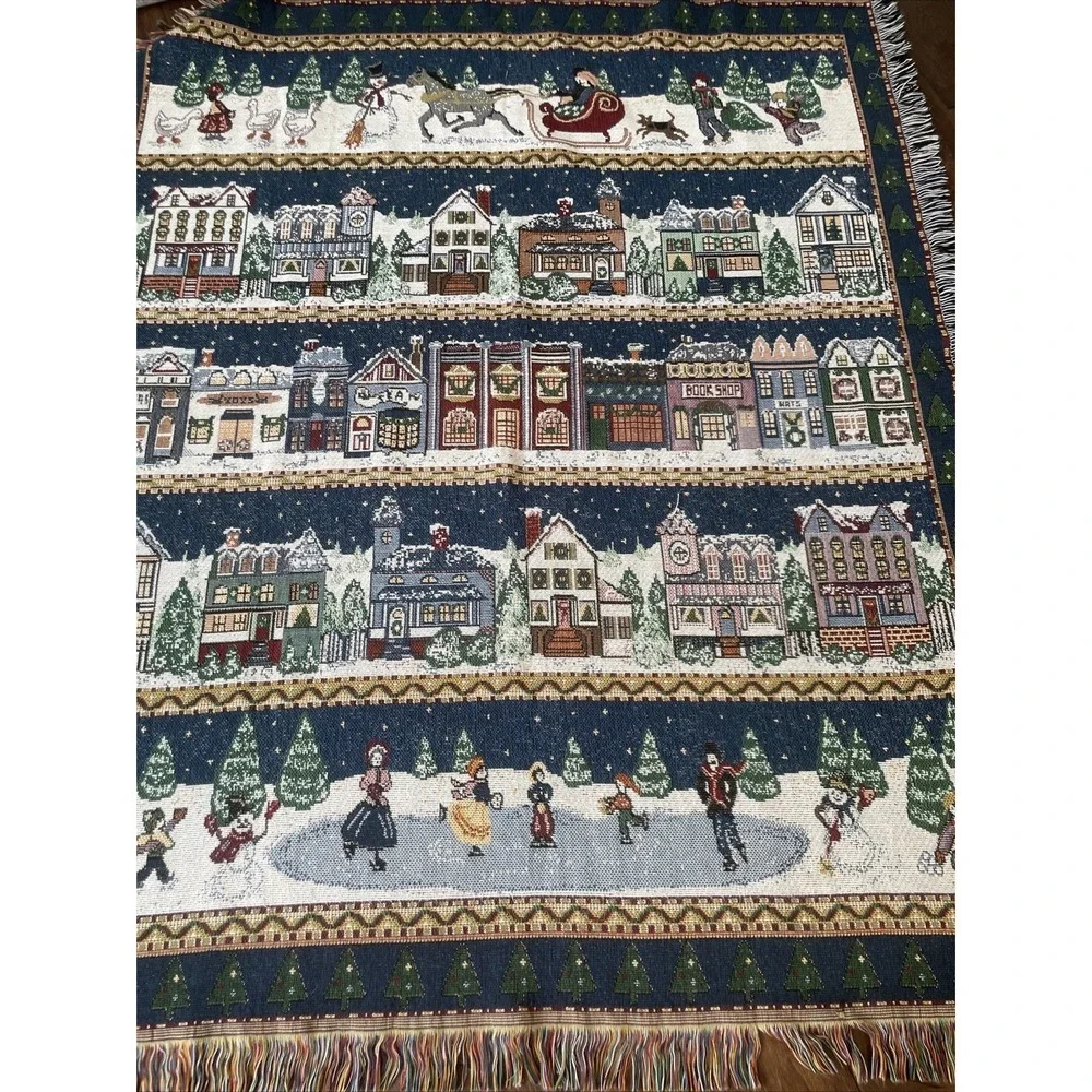 VTG Rare American Weavers Winter Country Snow Scene Throw Blanket Afghan